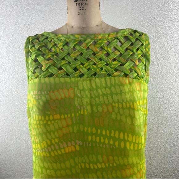 Vintage l 60s M Bright Green Criss-Cross Lattice Neckline Button-Down Back Shell - Picture 2 of 14